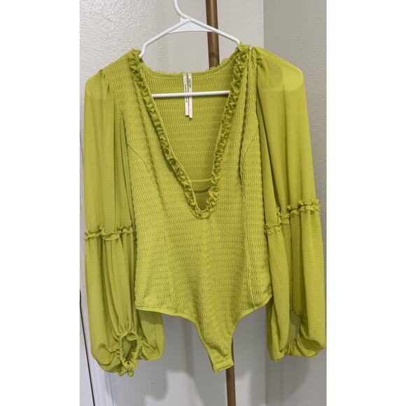 Anthropologie Ruffle Bodysuit Lime Green Deep V Women’s Boho Long Sleeve Small - Picture 1 of 5